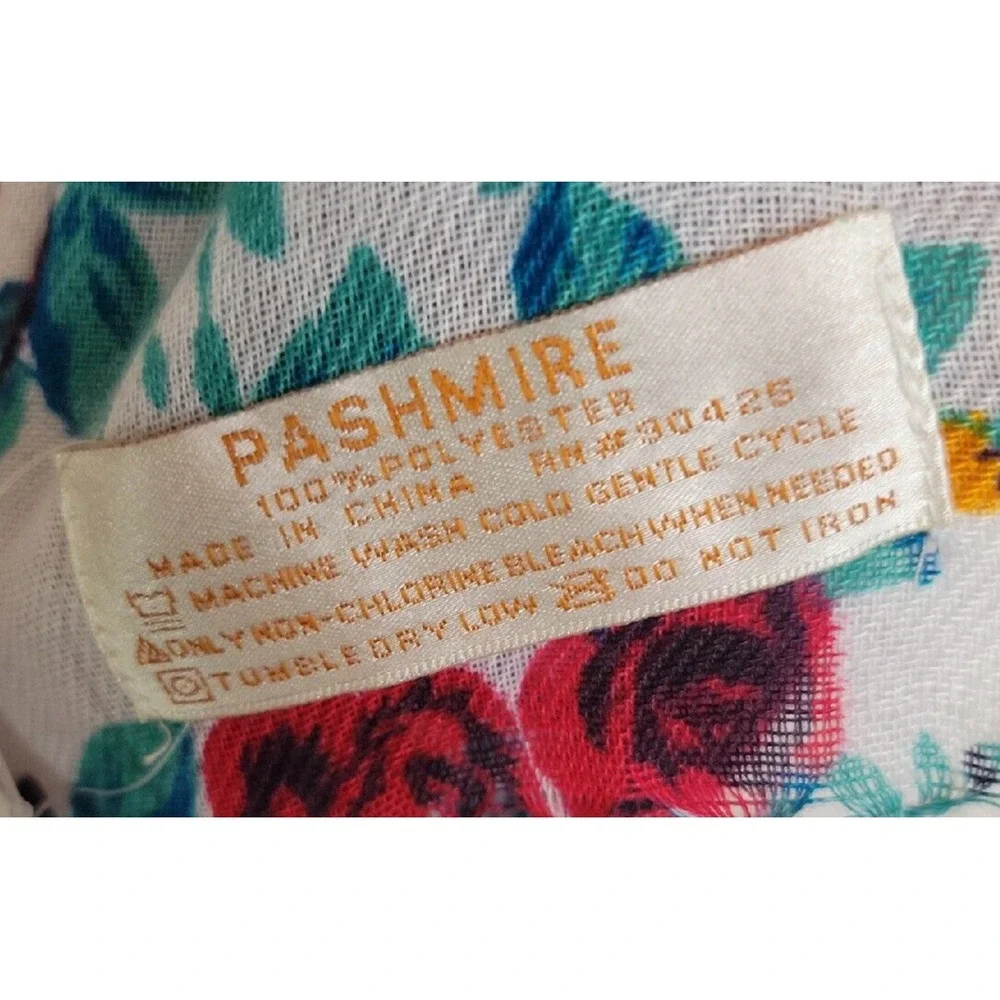 Pashmire Scarf Floral Print Fringe Wrap Shawl Cottagecore Boho White Red Teal